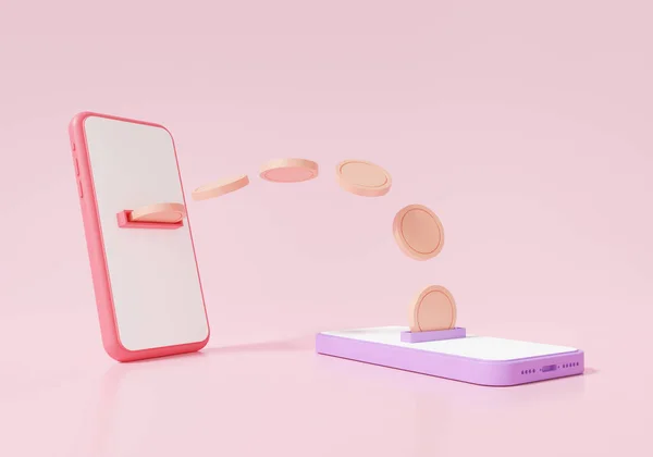 Geld Overschrijving Online Concept Toepassing Internet Banking Smartphone Roze Pastel — Stockfoto