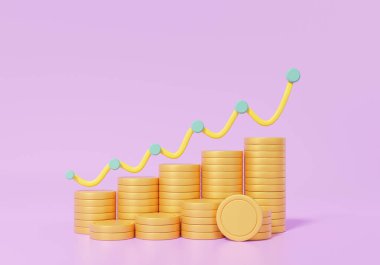 Adım adım finansal para sikkeleri mor pastel arka plandaki büyüme yığınları tasarruf maliyeti kavramı. Minimum çizgi film stili, 3D görüntüleme. resimleme