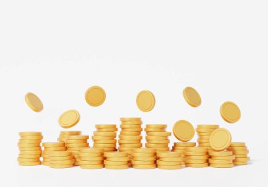 Bozuk paralar ya da para yığınları yüzer, iş yatırımları kazanır, eğitim tasarrufu kavramını finanse eder. Beyaz arkaplanda izole edilmiş, 3D görüntüleme. resimleme