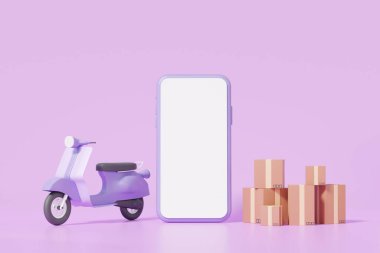 Motosiklet scooter 'ı ve paket kutuları. Çevrimiçi dağıtım minimal çizgi film konsepti. Sevkiyat. Mor arka planda servis ekspres bagajı. kopyalama alanı, afiş, 3B resimleme