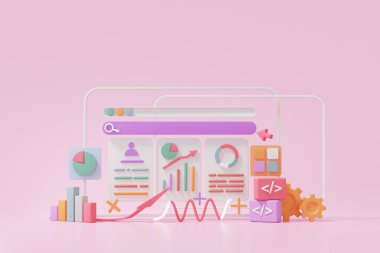 SEO ya da Arama Motoru optimizasyonu çevrimiçi pazarlama kavramı. Büyüme grafiği. Web analistleri pembe pastel arkaplan, pankart, illüstrasyon, 3D görüntüleme üzerine arama bilgi bilgisayarına tıklıyor
