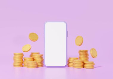 Akıllı telefon beyaz ekran çevrimiçi ödemeler para yığınları yüzüyor. İş yatırımı, işlem konsepti. Mor arka planda en az çizgi film. 3 Boyutlu resimleme