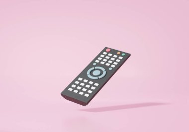 Pembe arkaplan, televizyon bağlantısı, afiş, kopyalama alanı, 3D görüntüleme üzerinde uzaktan kumandalı siyah kontrol simgesi karikatürü. resimleme