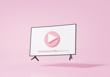 3D render Çizgi film minimal biçim TV modern çalma pembe pastel arkaplan, kablosuz medya bağlantısı, internet, pankart, kopyalama alanı, illüstrasyon