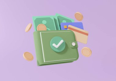 Bozuk paralarla cüzdan yeşil simge konsepti, banka kartı finansmanı çevrimiçi alışveriş tasarruf konsepti. İzole edilmiş mor arkaplan, afiş, illüstrasyon. 3d oluşturma