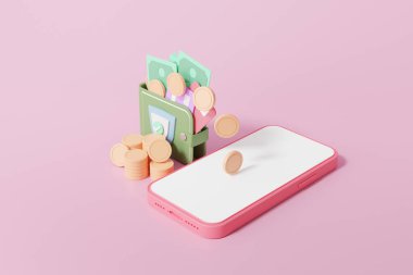 Üç boyutlu sahte para cüzdanı ve akıllı telefon izometriği. Teknoloji güvenliği kavramı. Bozuk paralar, banka hesapları, kredi kartı tasarrufu çevrimiçi ödeme transferi pembe arkaplan, pankart, illüstrasyon