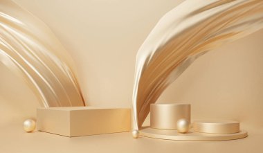 Sahne kumaşı, geometrik şekilli altın rengi ürün arka planı, kaide gösterisi, platform kozmetik sunumu, stand, promosyon, vitrin, 3D görüntüleme