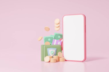 Çevrimiçi ödeme kavramı. sistem kredisi veya banka kartı mobil mali işlemleri İnternet üzerinden dünyanın her yerine bağlan, nakit para, minimal karikatür, pankart, 3D görüntüleme