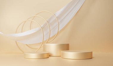 3D görüntüleme sahnesi geometrik şekilli altın arkaplan, üç katlı kaide boş, çember duvar şekli, küçükten büyüğe eğimli, arka plan ürün sunumu için platform bileşimi