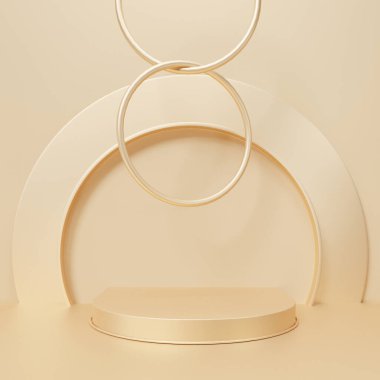 Lüks, podyum geometrik şekiller çemberine sahip altın 3D arka plan, ürün sunumu için bir kattaki vitrin platformu, görüntüleme. resimleme