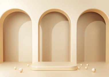 3D soyut boş podyumu altın zemin üzerine serpiştirip ürün minimum sunumu için kaidesel ve dairesel hale getirmek. kozmetik standı, vitrin, afiş, satış, kopyalama alanı
