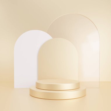 Geometrik şekilli üç boyutlu altın renkte arkaplan, iki katlı kaide, platform arka plan ürün sunumu için eğri çember, stand, promosyon, vitrin