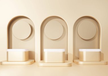 Ürün sunumu için platform şekilleri üzerinde geometrik kaide sahnesi olan altın podyum arkaplanı. En az özet kompozisyon, tasarım, vitrin, kopyalama alanı, 3d oluşturma