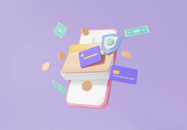 Koruma kalkanı akıllı telefon ile çevrimiçi işlem yapıyor. Banka hesap defteri konsepti. Mor pastel arka planda internet bankacılığı ödemeleri çok az. 3 boyutlu görüntüleme. resimleme