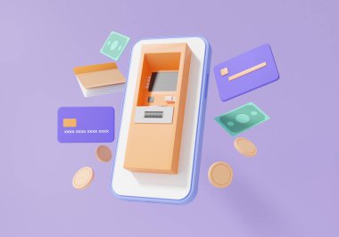 Mor arka plan aktarım internet bankacılığında yüzen akıllı telefondaki 3D hesap otomatik bankamatik hesaplama makinesi. Para transferi konsepti. Çizgi film minimumu. resimleme oranı