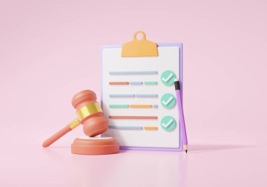 Pano kağıdındaki kontrol listesi. Tokmak jüri konsepti. Mahkeme hakimi hakemliği. Yargı Çekici. Pembe arka planda. Resim 3B oluşturma