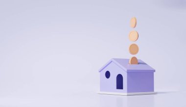 Ev tasarrufu para konsepti. Gayrimenkul işletme yatırım eğitimini en az karikatürle finanse etmek. Pankart. kopyalama alanı. 3 boyutlu görüntüleme. resimleme