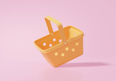 Boş alışveriş sepetleri, online alışveriş konsepti. Pembe pastel arka plan tarzında, indirimli, promosyon, satış, afiş, web sitesi. 3 boyutlu görüntüleme. resimleme