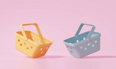 İnternetten pembe arka plan alışverişinde iki boş sepet turuncu ve mavi. Moda, indirim, promosyon, satış, afiş, web sitesi. 3 boyutlu görüntüleme. resimleme