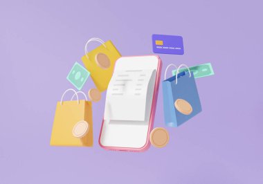 Akıllı telefondan fatura ödemesi ve mor pastel arka planda yüzen alışveriş poşeti, indirimli tanıtım indirimi, afiş, web sitesi üzerinden online alışveriş. 3 boyutlu görüntüleme. hastalıklar