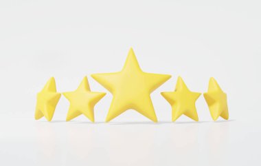 Beyaz arka planda beş yıldız sarı. Kalite derecelendirme konsepti, çizgi film minimumu şirin pürüzsüz. 3d resimleme