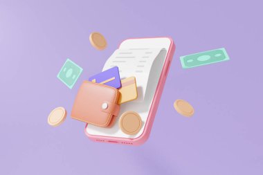 Akıllı telefondaki para cüzdanı faturası yüzüyor. Nakit para konsepti. Bozuk paralar, banka hesapları, kredi kartı harcamaları, izole edilmiş mor arka plan, pankart, illüstrasyon için online ödeme yatırımları. 3d hazırlayıcı