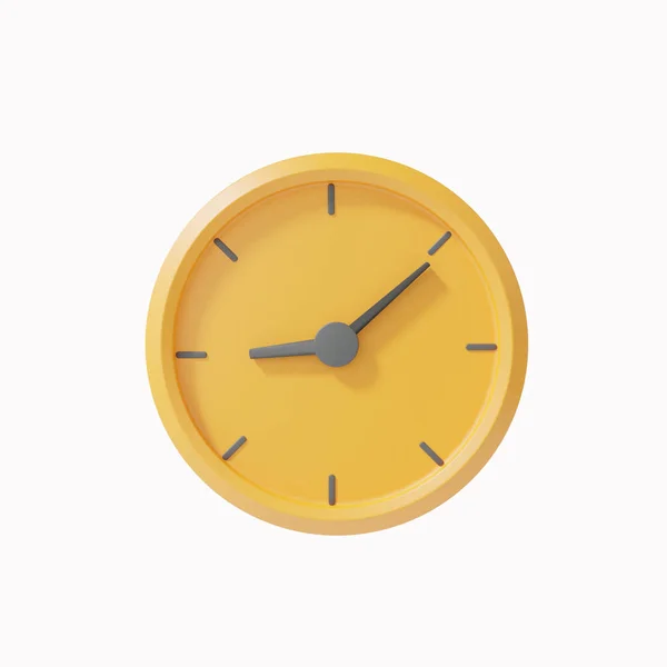 Yellow clock icon analog telling time Pointer 9 o\'clock on isolated white background Minimal cartoon style creative concept. 3d render. illustration