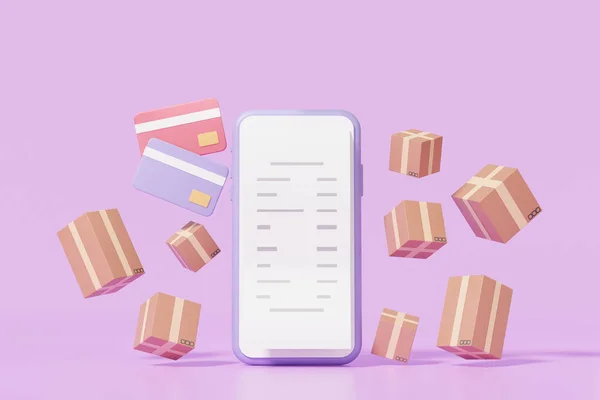3D render Online bill payments and parcels box floating on smartphone white screen transaction concept. shopping pay on Internet on purple background cartoon style illustration