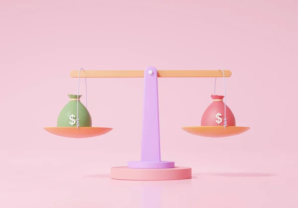 Scales currency price balance concept. finance business investment eduacation with bag money, cartoon minimal style on pink background. 3d render. illustration