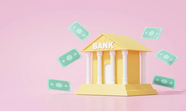Minimal yellow bank building and banknote floating, business investment finance concept. money transaction security. cartoon style on pink background. illustrtion. 3d rendering