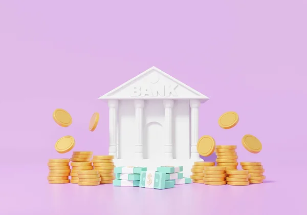 Bankbouw Bankbiljettenmuntstukken Stapelen Zich Paarse Achtergrond Investeringsfinancieringsconcept Minimale Tekenfilmstijl Illustratie — Stockfoto