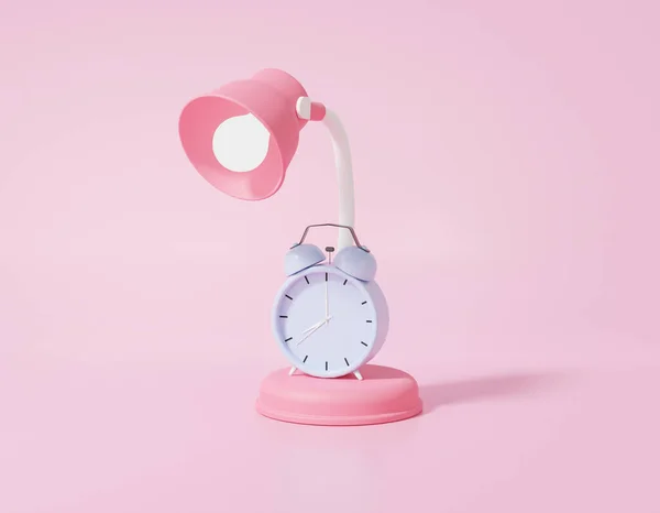 Desk Lamp Alarm Clock Minimal Cartoon Style Pink Background Working — Stock Photo, Image