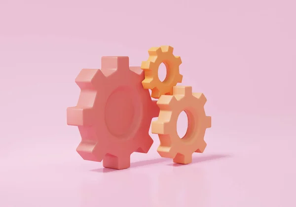Isometric Three Gears Icon Pink Background Engineering Teamwork Concept Minimal — Stock Photo, Image