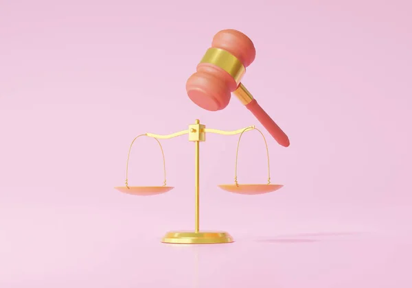 Judge gavel and scales neutral concept. court loyal fair symbol on with balance not taking sides whom, cartoon minimal style on pink background. 3d render. illustration