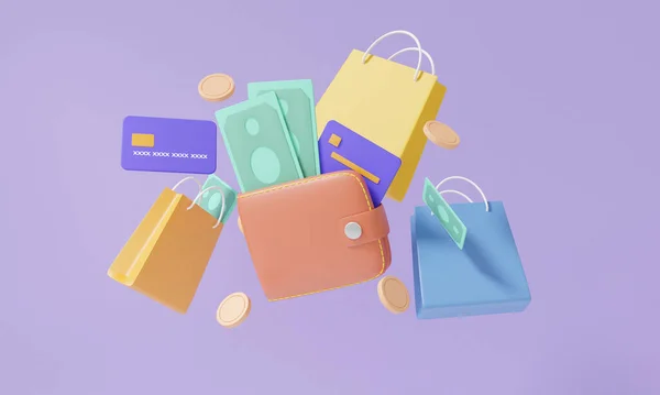 キャッシュバックで財布ショッピングバッグ浮動小数点 コイン デビットカード金融ショッピングオンライン支払いコンセプト 紫のパステルカラーの背景バナーイラスト 3Dレンダリング — ストック写真