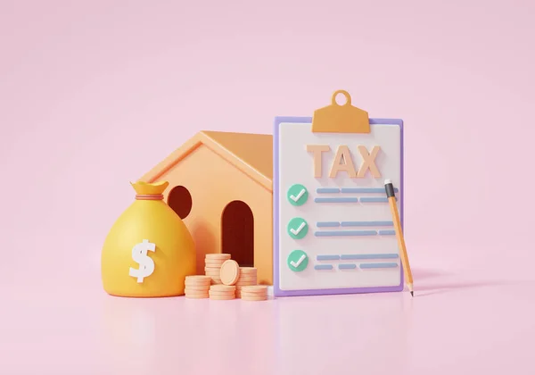 クリップボードペーパー州政府税 納税概念のチェックリスト ピンクの背景に家 コイン お金の袋 最小限の漫画 3Dレンダリング — ストック写真
