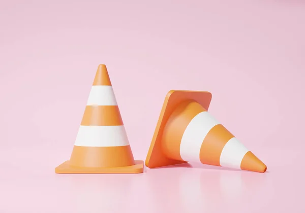 Two Orange traffic cones with white stripes on pink background. accident prevention alert concept. Cartoon minimal cute smooth. 3d render illustration