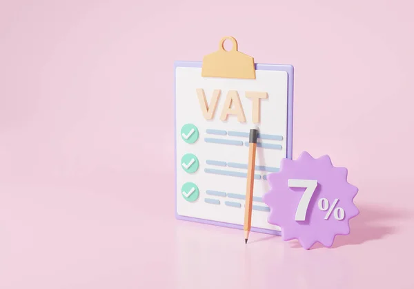 Vat支付概念 剪贴板纸上的核对表是等量的 增值税7个百分点 粉色背景 3D渲染说明 — 图库照片
