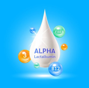 Alfa laktalbumin omega 3 ve B12 vitamini, fiber. Beyaz protein, bebek için gerekli amino asitleri içerir. Logo ürünleri tasarla. Çocukların yiyecekleri. Yiyeceğin faydaları kalbi ve beyni iyileştirir. Vektör.