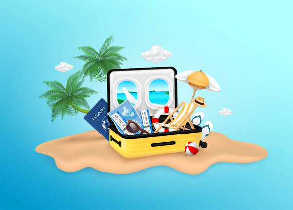 Стул на палубе сидя зонтик пляжа и бронирование авиабилета в путешествии чемодан желтый. Паспорт на райском пляже с кокосовым деревом. Рекламный шаблон для создания туризма. Летние каникулы. Вектор 3D.