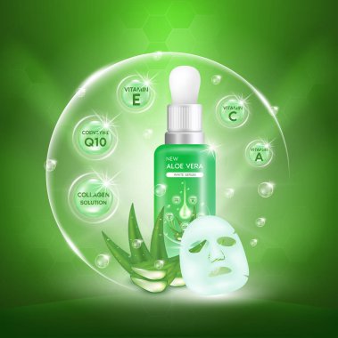 Aloe Vera bitkisi, taze damlalar ve damlatan cam şişeyle. Kolajen ve vitamin serumu. Cilt bakımı, kozmetik ürünleri poster tasarımı. Gerçekçi 3d vektör illüstrasyonu