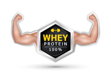 Alüminyum beyaz protein etiketi. Güçlü pazıları olan bir erkek kolu. Sporcunun gergin kasları. Vücut geliştirme ve fitness için beslenme takviyesi. Spor tıbbi konsepti. Beyaz arkaplan 3 boyutlu vektörde.