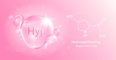 Su damlası önemli amino asit hidroksilin ve yapısal kimyasal formül. Pembe arka planda hidroksiprolin. Tıbbi ve bilimsel kavramlar. 3B Vektör İllüstrasyonu.