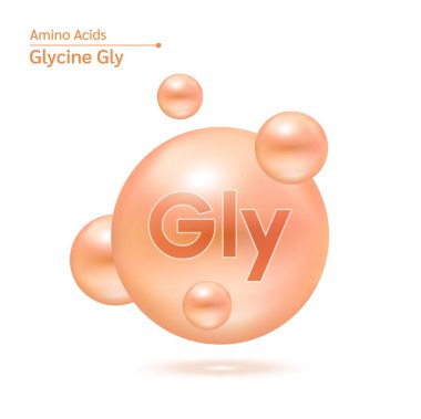Glicine amino asit kapsülleri karmaşık mineralleri vitaminler. Turuncu molekülün beyaz arka planda izole edilmiş 3 boyutlu modeli. Yemek takviyesi reklam paketi tasarımı için. Bilim doktoru konsepti. Vektör EPS10.