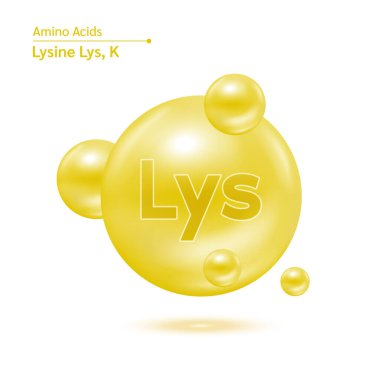 Lysine amino asit kapsülleri vitamin kompleks mineralleri. Beyaz arka planda izole edilmiş 3 boyutlu sarı molekül modeli. Yemek takviyesi reklam paketi tasarımı için. Bilim doktoru konsepti. Vektör EPS10.