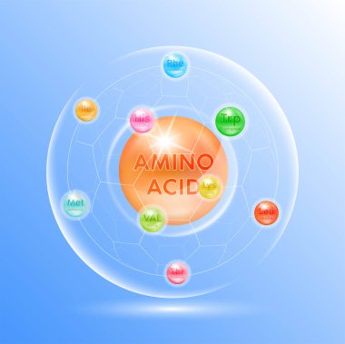 Amino asit kapsülleri vitamin kompleksi, mavi arkaplan vektöründeki mineraller. Eczane reklamı için diyet takviyesi, vitamin paketi tasarımı. Bilim doktoru konsepti.