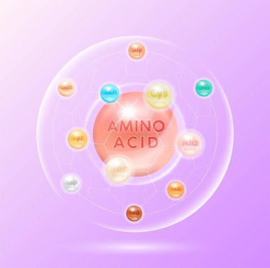 Amino acid capsules. Vitamins minerals complex on pink background. Dietary supplement for pharmacy clinic ad banner design. Science medic concept. 3D Vector EPS10. clipart