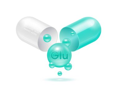 Glutamik amino asit kapsülden dışarı süzülür. Vitamin kompleksi ve yeşil mineraller beyaz arka planda izole edilmiş. Yemek takviyesi reklam paketi tasarımı için. Bilim doktoru konsepti. 3B Vektör EPS10.
