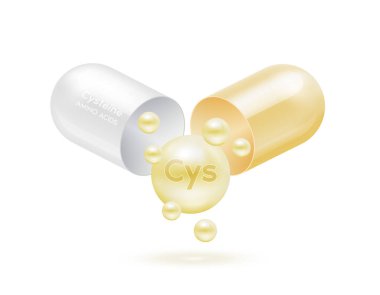 Sistamin amino asit kapsülden dışarı süzülür. Vitamin kompleksi ve beyaz arka planda izole edilmiş sarı mineraller. Yemek takviyesi reklam paketi tasarımı için. Bilim doktoru konsepti. 3B Vektör EPS10.