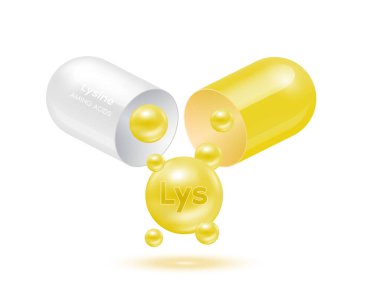 Lysine amino asit kapsülden dışarı süzülür. Vitamin kompleksi ve beyaz arka planda izole edilmiş sarı mineraller. Yemek takviyesi reklam paketi tasarımı için. Bilim doktoru konsepti. 3B Vektör EPS10.